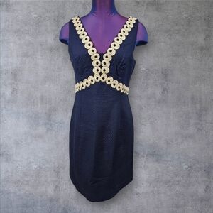 Lilly Pulitzer Esme Shift Dress Textured Navy & Gold Embroidery Size 4 Women T27
